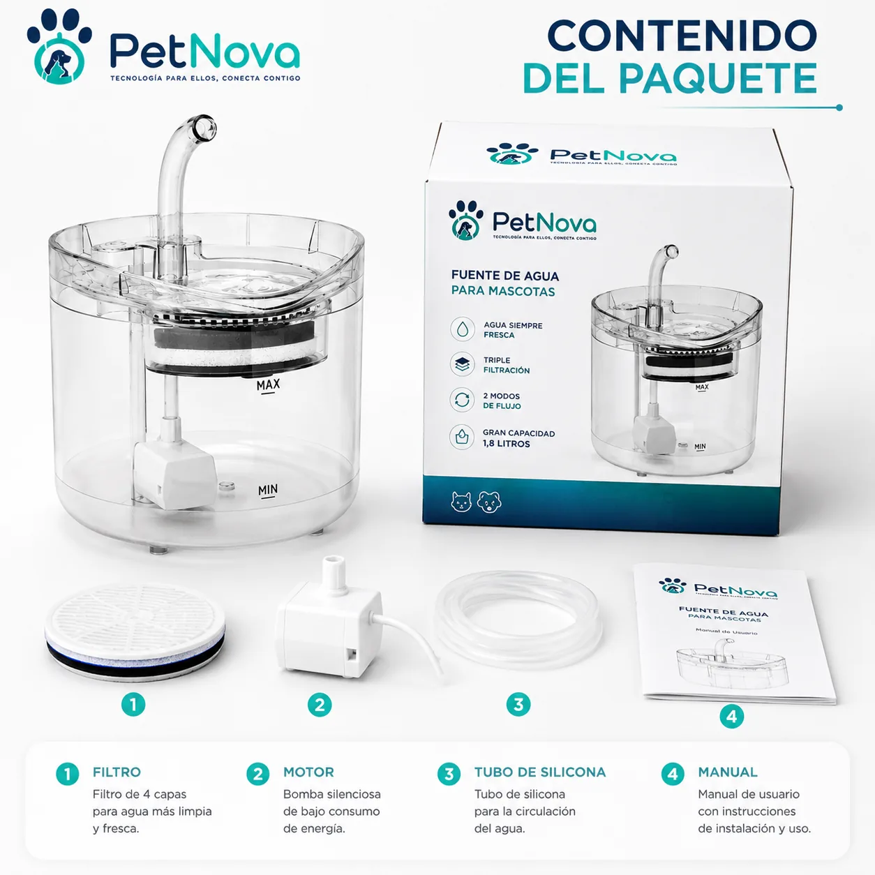 Bebedero Electrico para Mascotas Filtro carbón Transparente