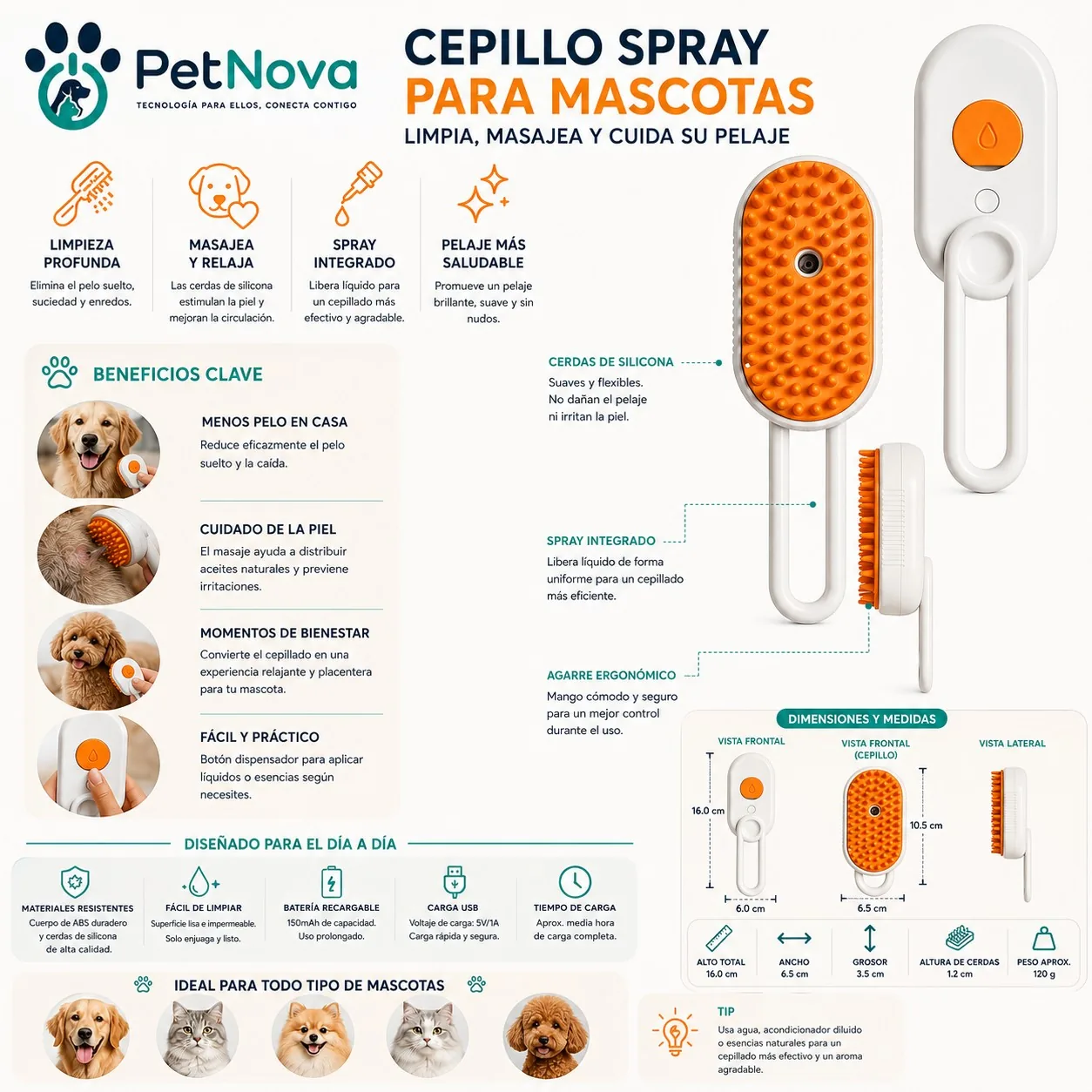 Cepillo a Vapor 3 en 1 para Mascotas