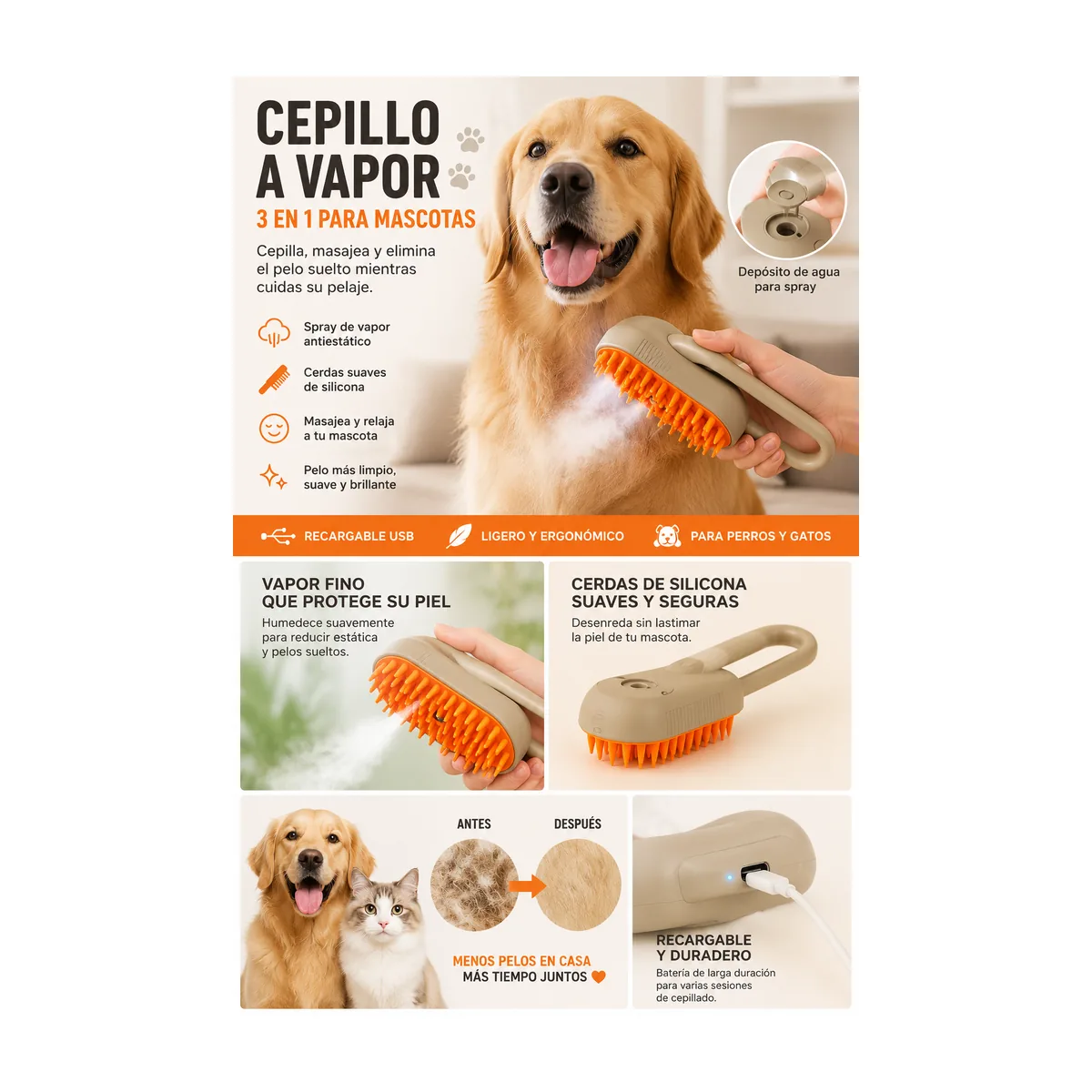 Cepillo a Vapor 3 en 1 para Mascotas
